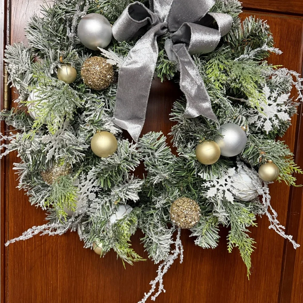 Elegant Silver and Gold Holiday frosted pine Wreath